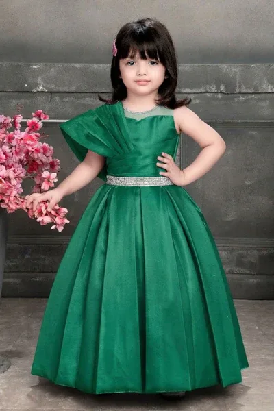 Emerald Green One-Shoulder Party Wear Gown with Embellished Waist Belt For Girls